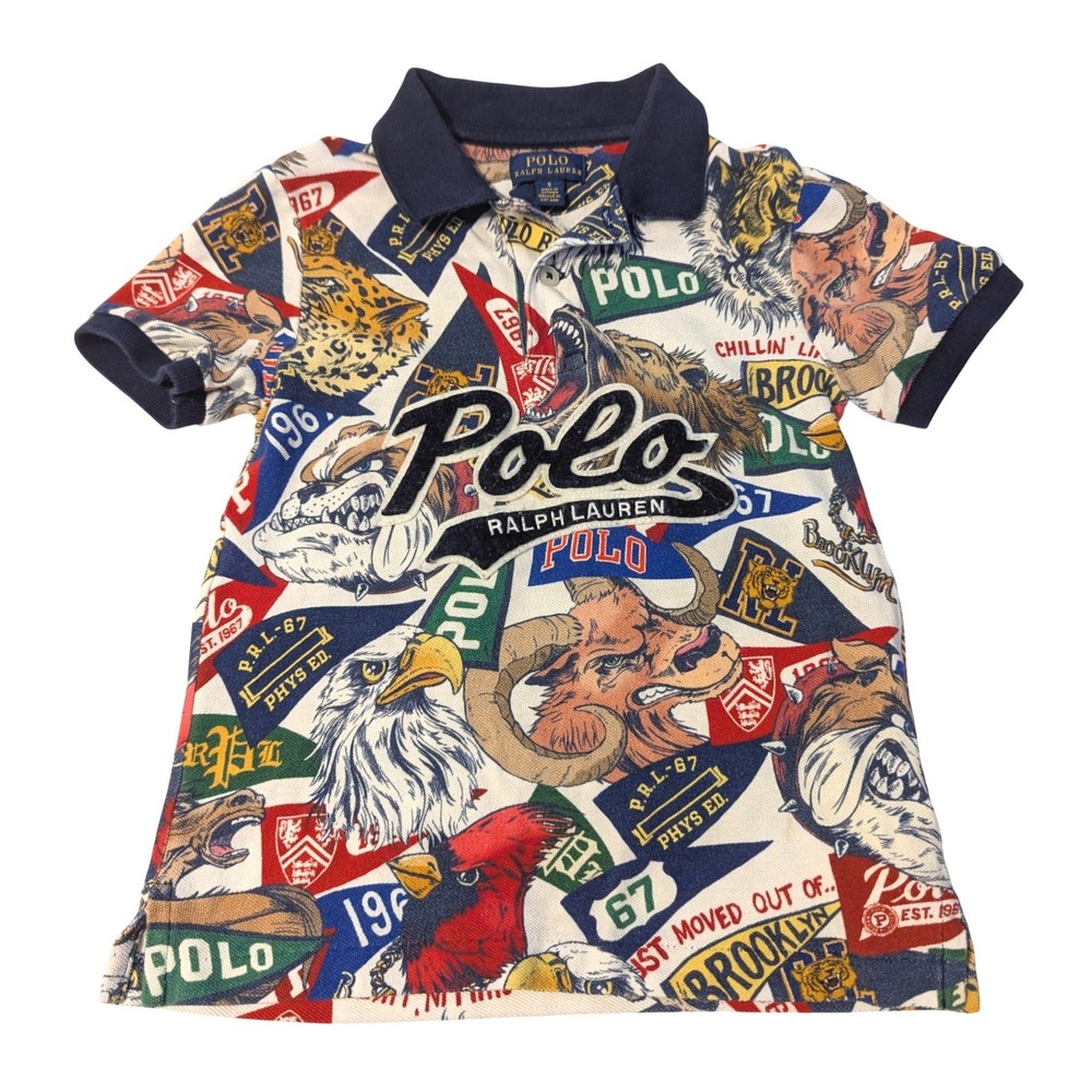 Polo Ralph Lauren Boy Size 5 Collegiate Mascot Pennant All Over Print Polo Shirt